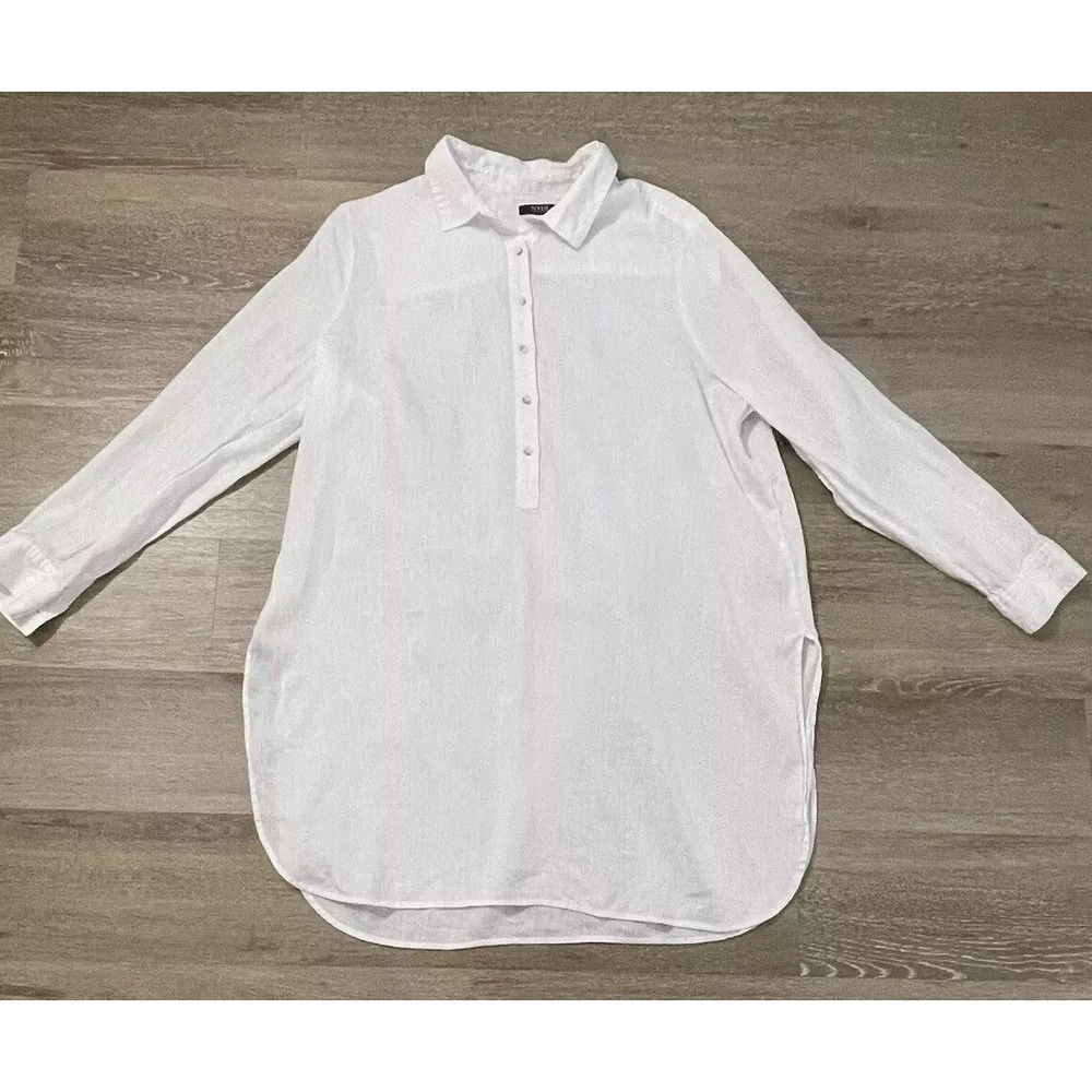 NYDJ White Linen Tunic Shirt Dress Button Not Your Daughters Jeans Size Large